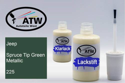 Jeep, Spruce Tip Green Metallic, 225: 20ml Lackstift + 20ml Klarlack - Set, von ATW Autoteile West.